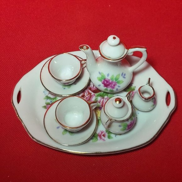 VTG Miniature Tea Set Pink Roses Gold Trim 10 Pc - Picture 3 of 11